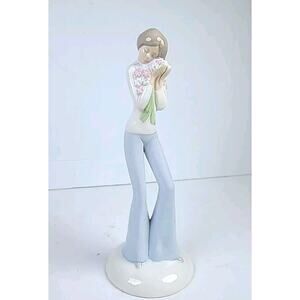 Bell Bottom Blue Jean Girl Flowers Child 70s Ceramic Hippie Hair In Bun Figurine